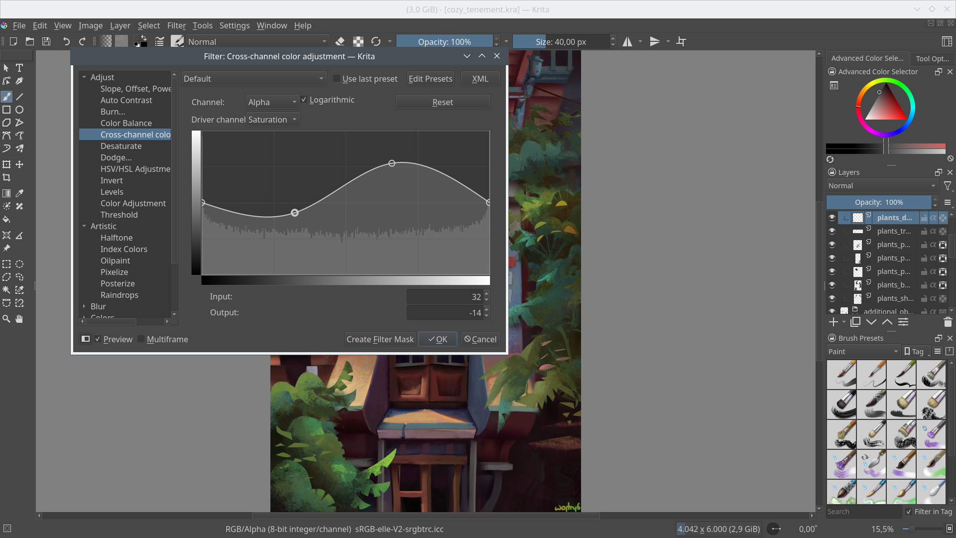 Krita color filter stack and advanced color management tools