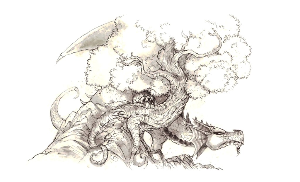 Fantasy tree dragon concept study painted digitally in Krita