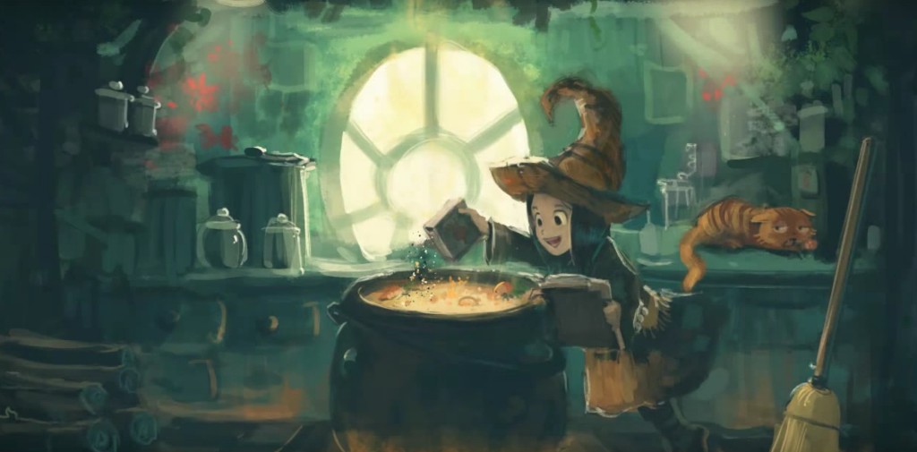 Young witch brewing potions in a cozy magical kitchen