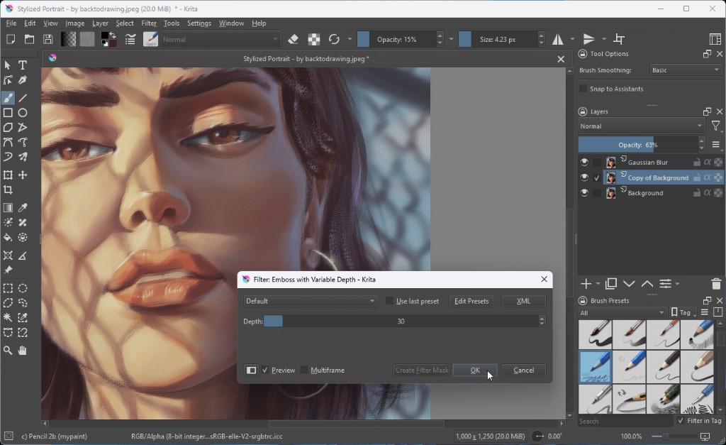 Stylized portrait with emboss filter applied in Krita