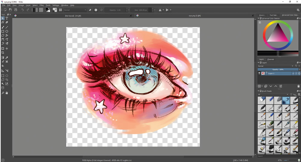 Krita canvas demo painting an eye with brush and color tools