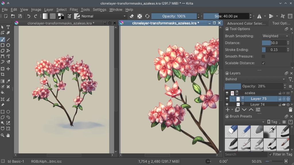 Layer docker managing an azalea painting with masks and groups