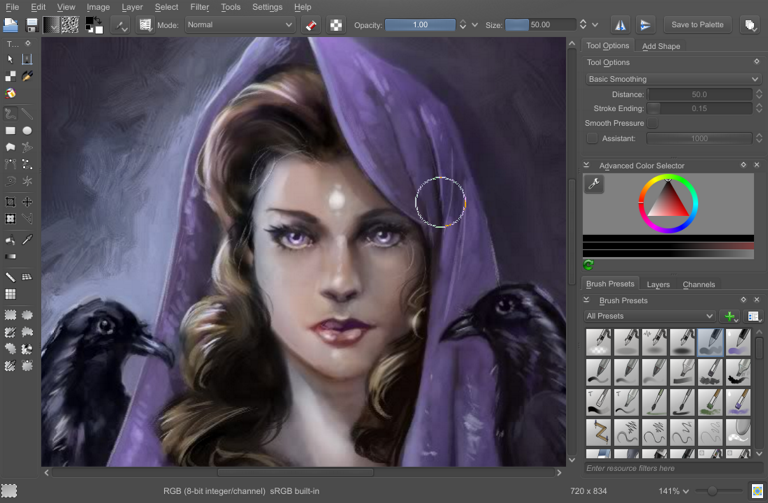 Krita workspace with brush presets, plugins, and color selectors